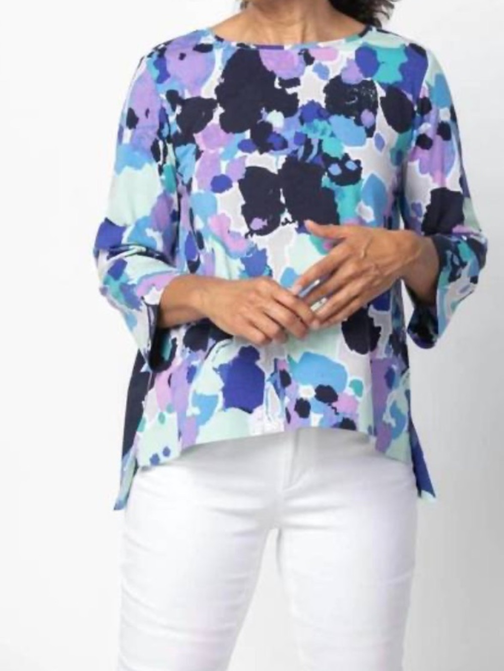 Habitat womens artsy colorful deep hem print tunic lagoon mix size Small modest